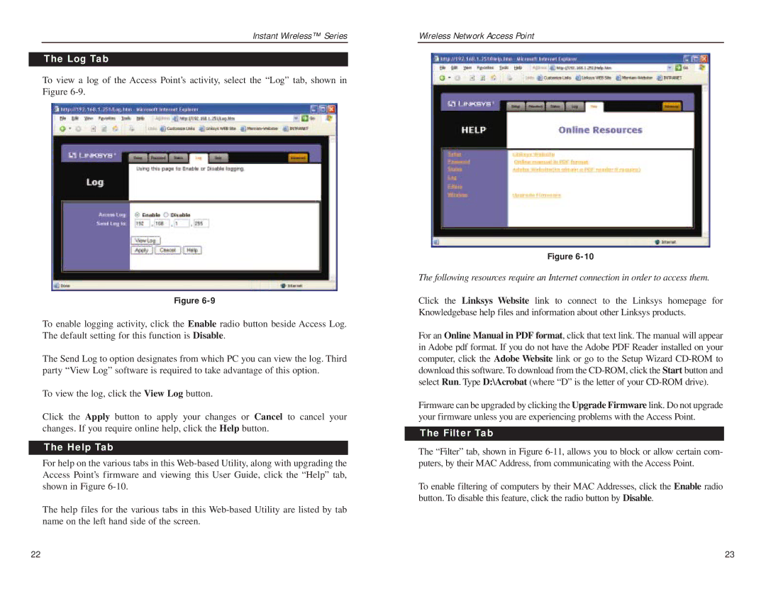 Mobile Mark wap11 manual Log Tab, Help Tab, Filter Tab 