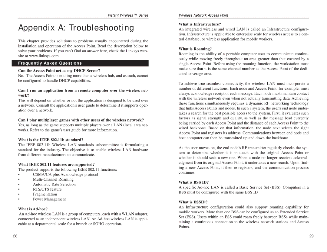 Mobile Mark wap11 manual Appendix a Troubleshooting, Frequently Asked Questions 