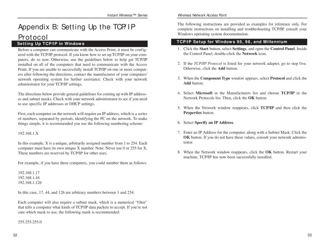 Mobile Mark wap11 manual Setting Up TCP/IP in Windows, TCP/IP Setup for Windows 95, 98, and Millennium 