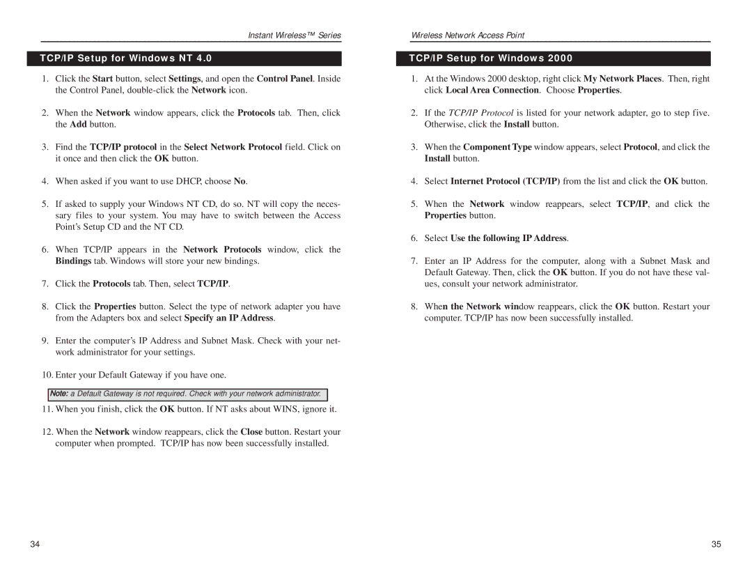 Mobile Mark wap11 manual TCP/IP Setup for Windows NT, Select Use the following IP Address 