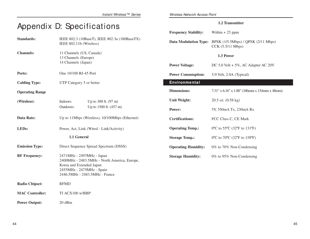 Mobile Mark wap11 manual Appendix D Specifications, Environmental 