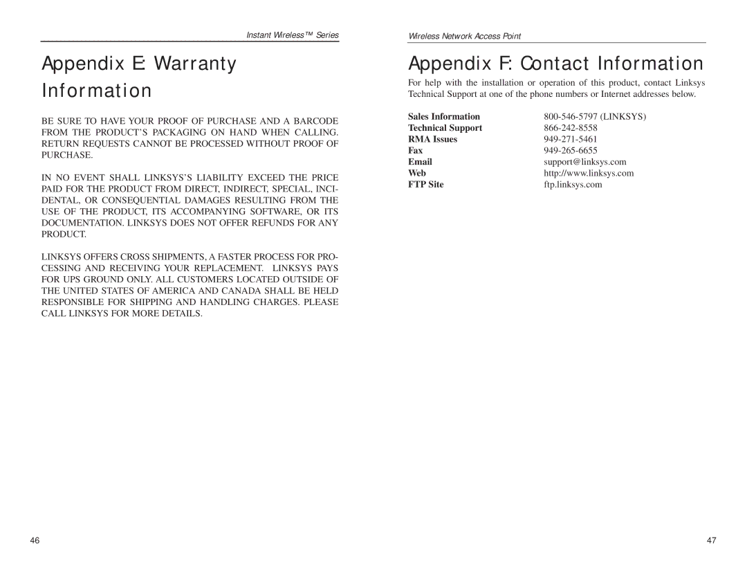 Mobile Mark wap11 manual Appendix E Warranty Information, Appendix F Contact Information, Sales Information, Web FTP Site 