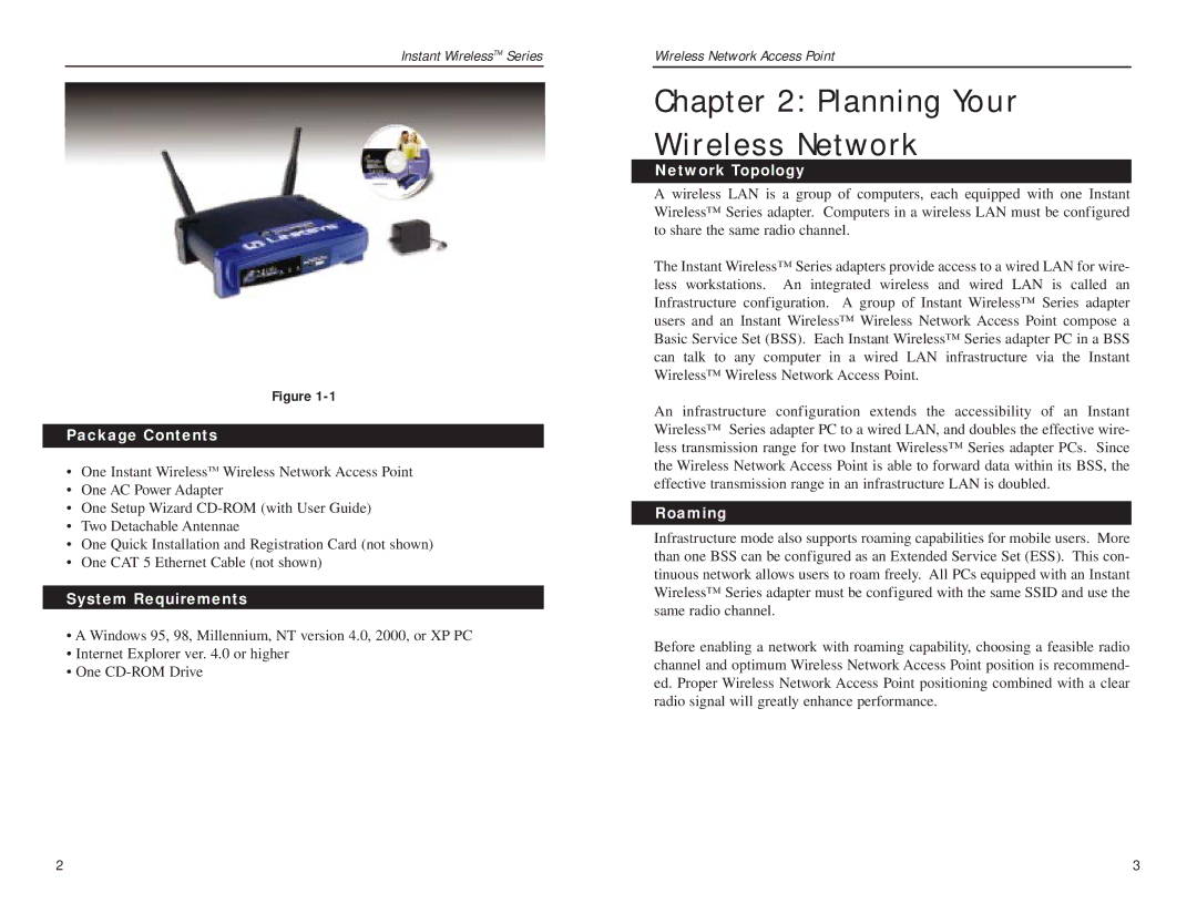 Mobile Mark wap11 manual Planning Your Wireless Network, Package Contents, System Requirements, Network Topology, Roaming 