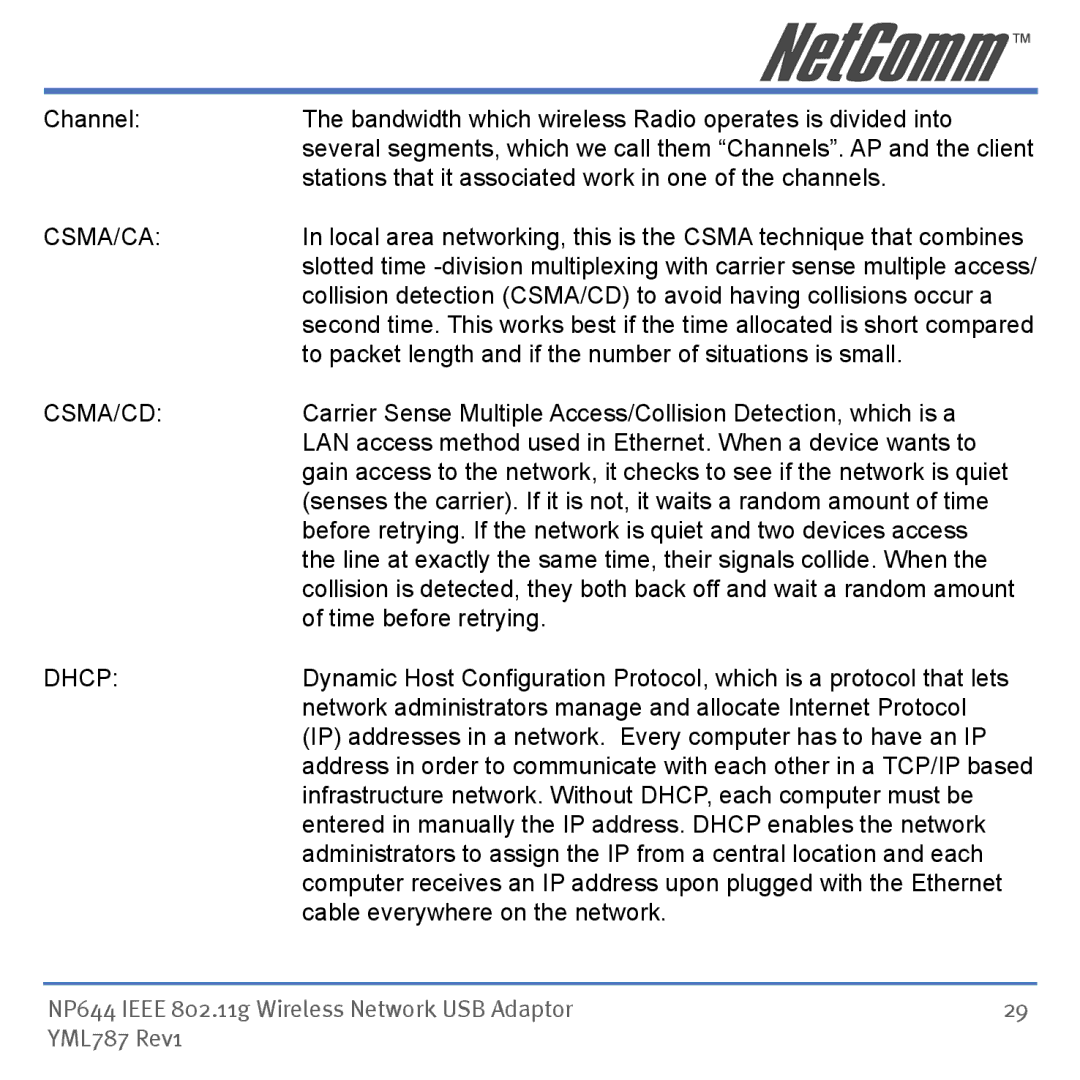 Mobility Electronics NP644 manual Csma/Ca, Csma/Cd, Dhcp 