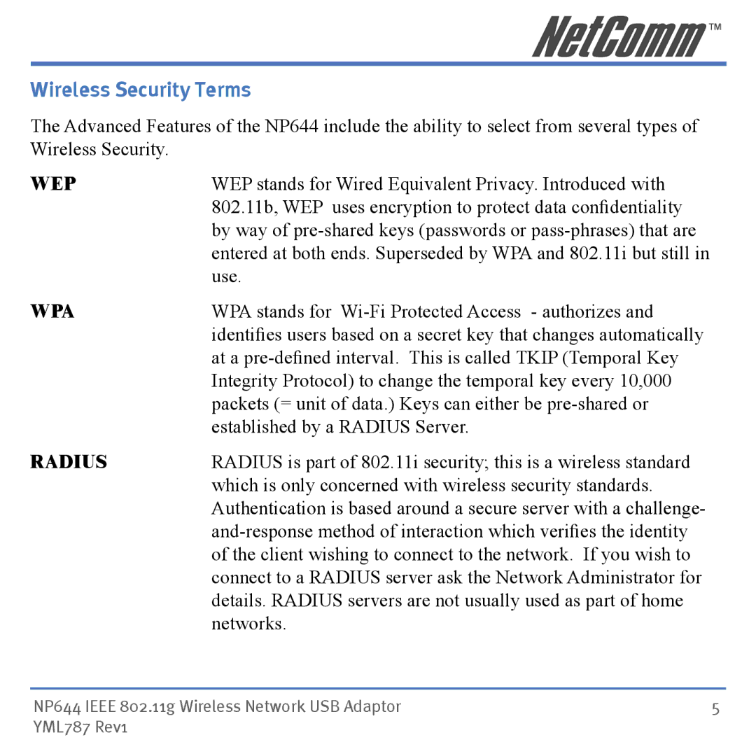 Mobility Electronics NP644 manual Wireless Security Terms 