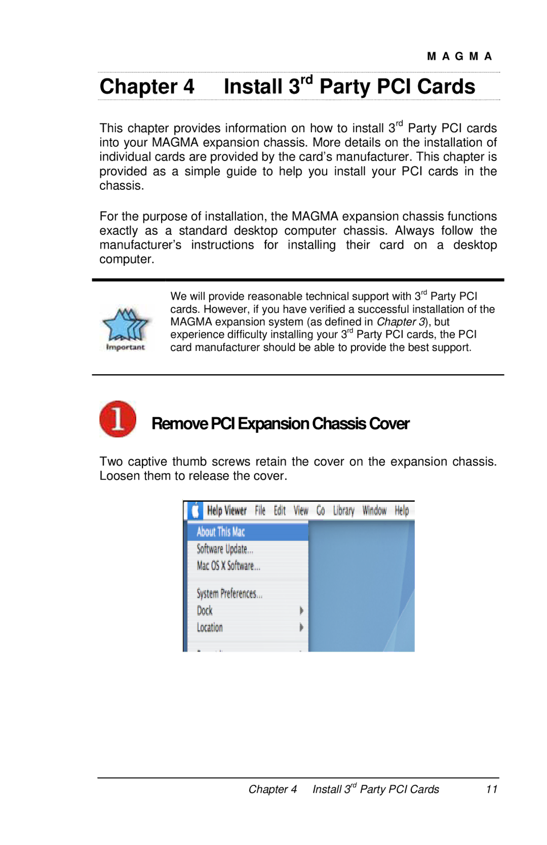 Mobility Electronics P13RR-TEL user manual Install 3rd Party PCI Cards, Remove PCI Expansion Chassis Cover 