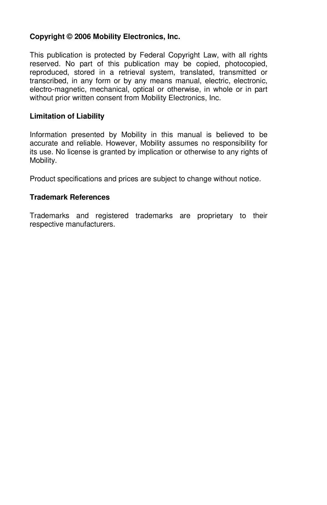 Mobility Electronics P13RR-TEL user manual Copyright 2006 Mobility Electronics, Inc 