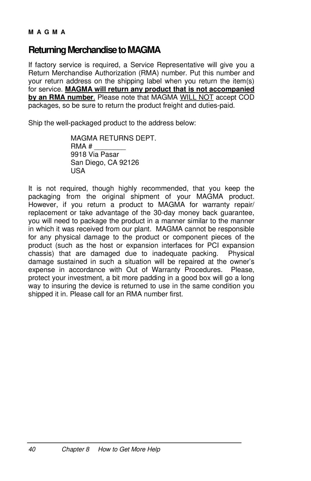 Mobility Electronics P13RR-TEL user manual ReturningMerchandisetoMAGMA, Magma Returns DEPT. RMA # 