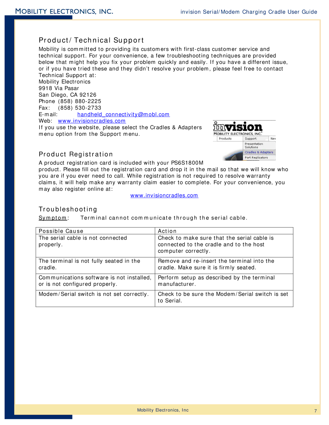 Mobility Electronics PS6S1800M manual Product/Technical Support, Product Registration, Troubleshooting 