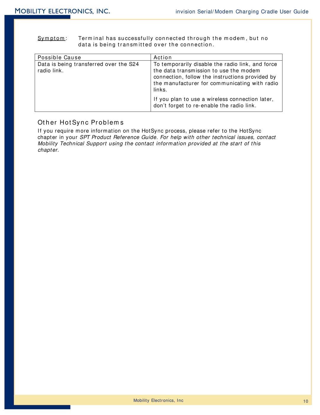 Mobility Electronics PS6S1800M manual Other HotSync Problems 