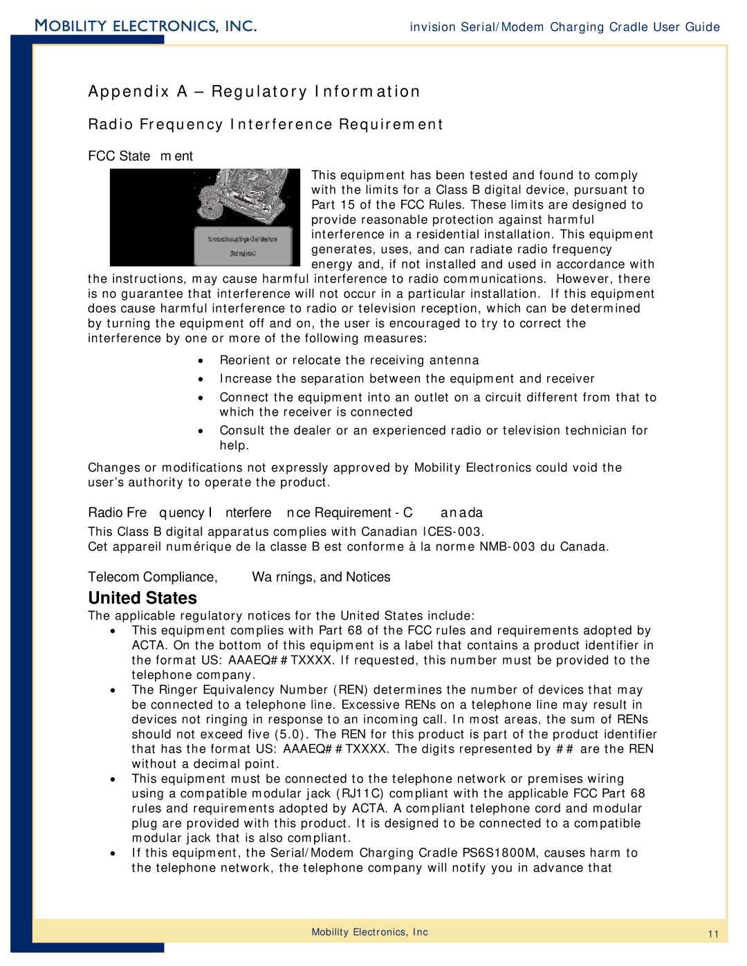 Mobility Electronics PS6S1800M manual Appendix a Regulatory Information, Radio Frequency Interference Requirement 