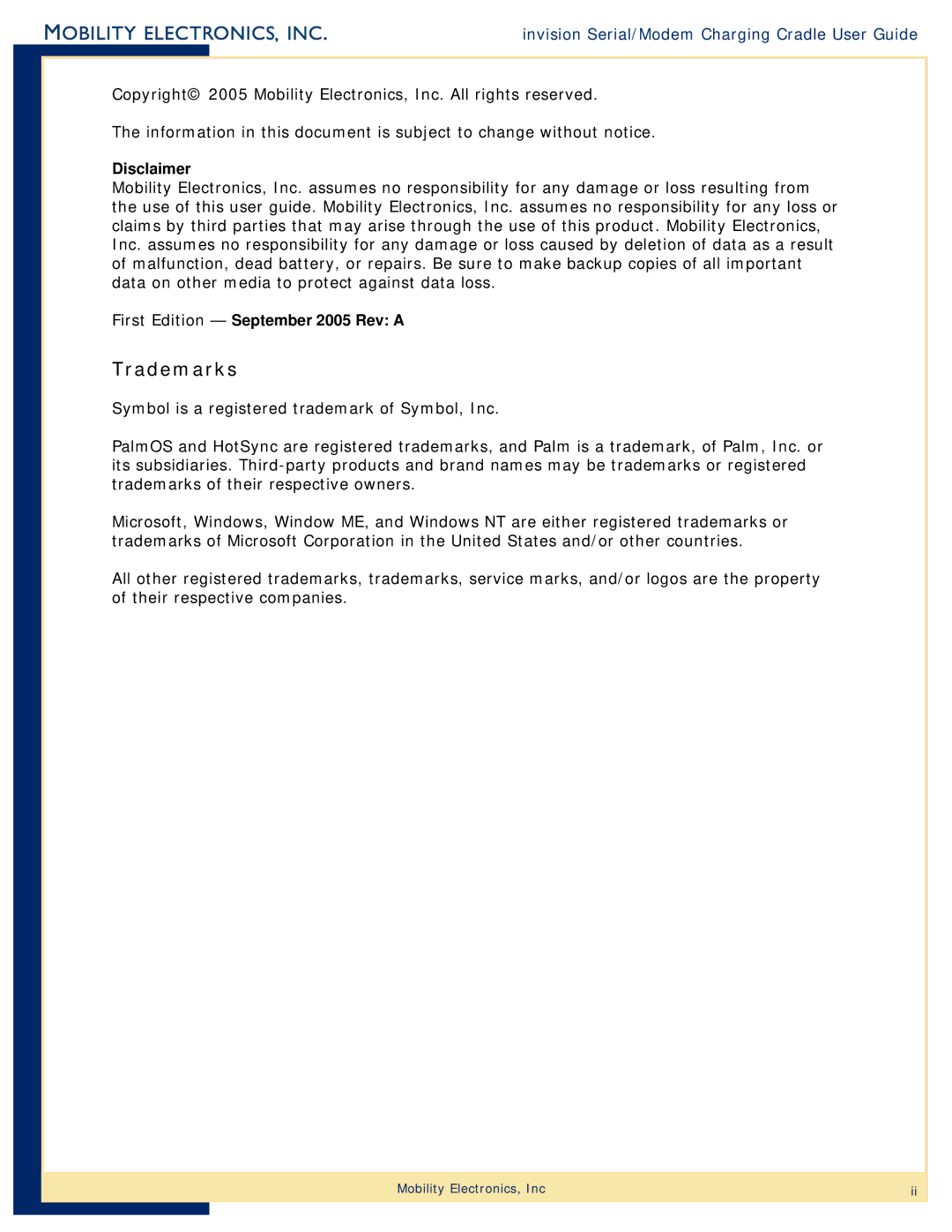 Mobility Electronics PS6S1800M manual Trademarks, Invision Serial/Modem Charging Cradle User Guide 