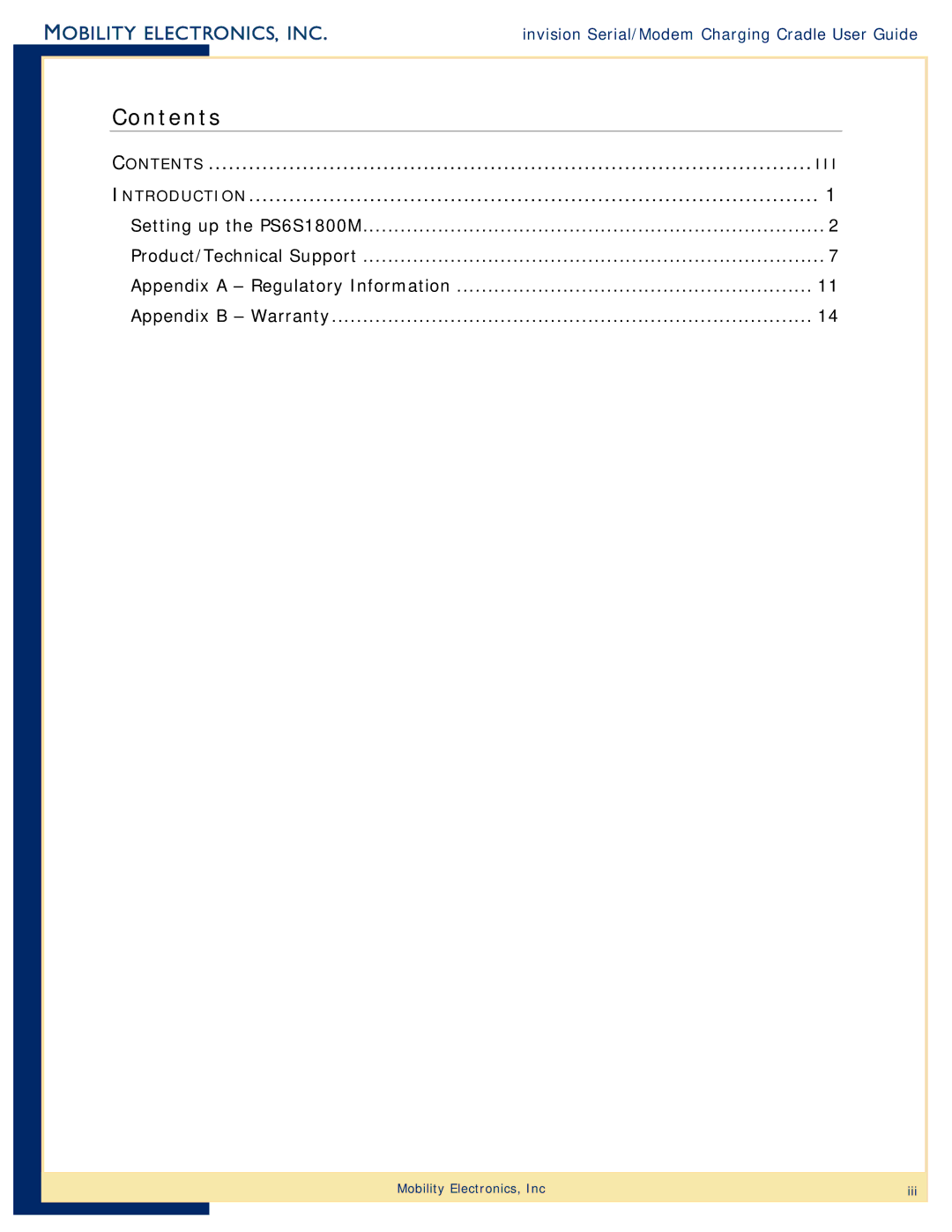 Mobility Electronics PS6S1800M manual Contents 