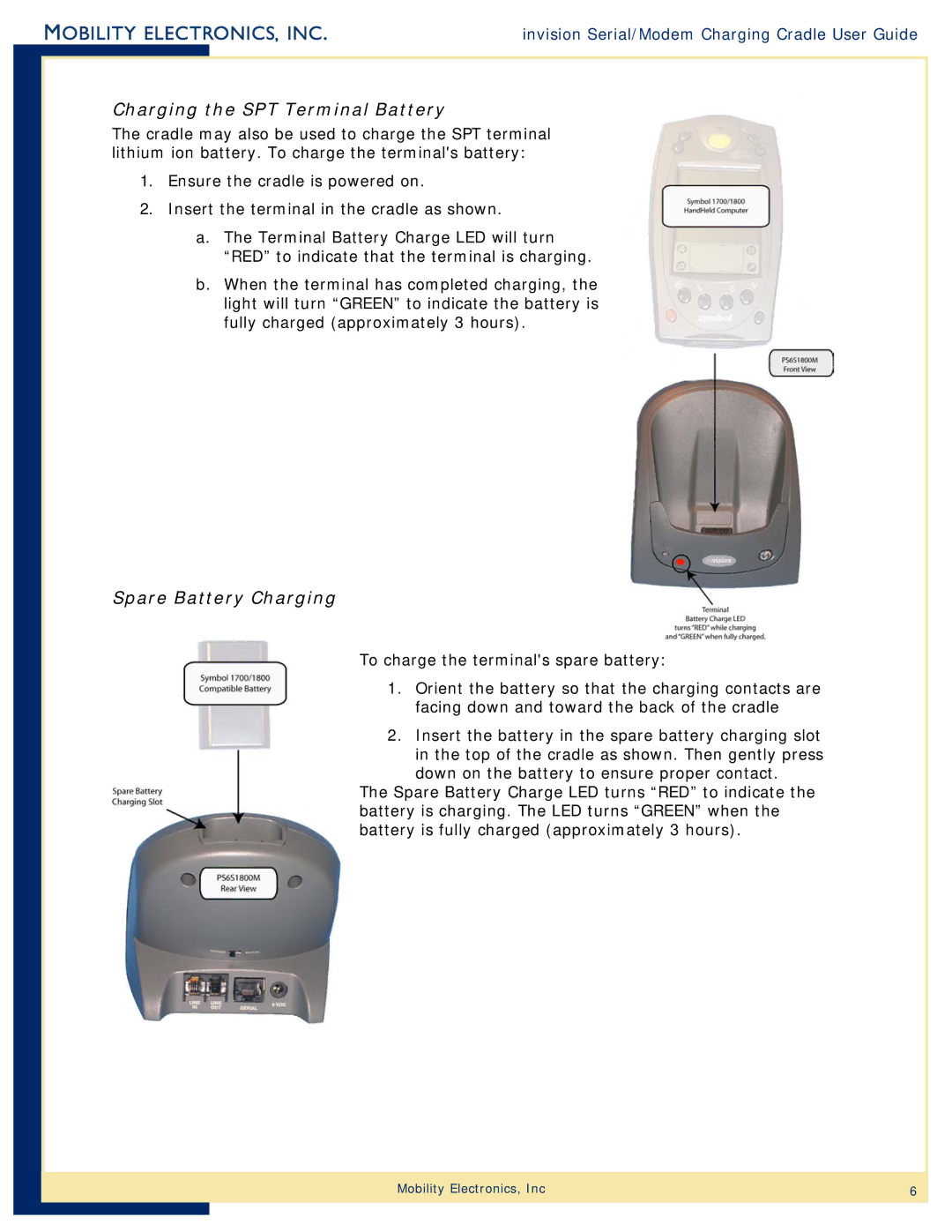 Mobility Electronics PS6S1800M manual Charging the SPT Terminal Battery 