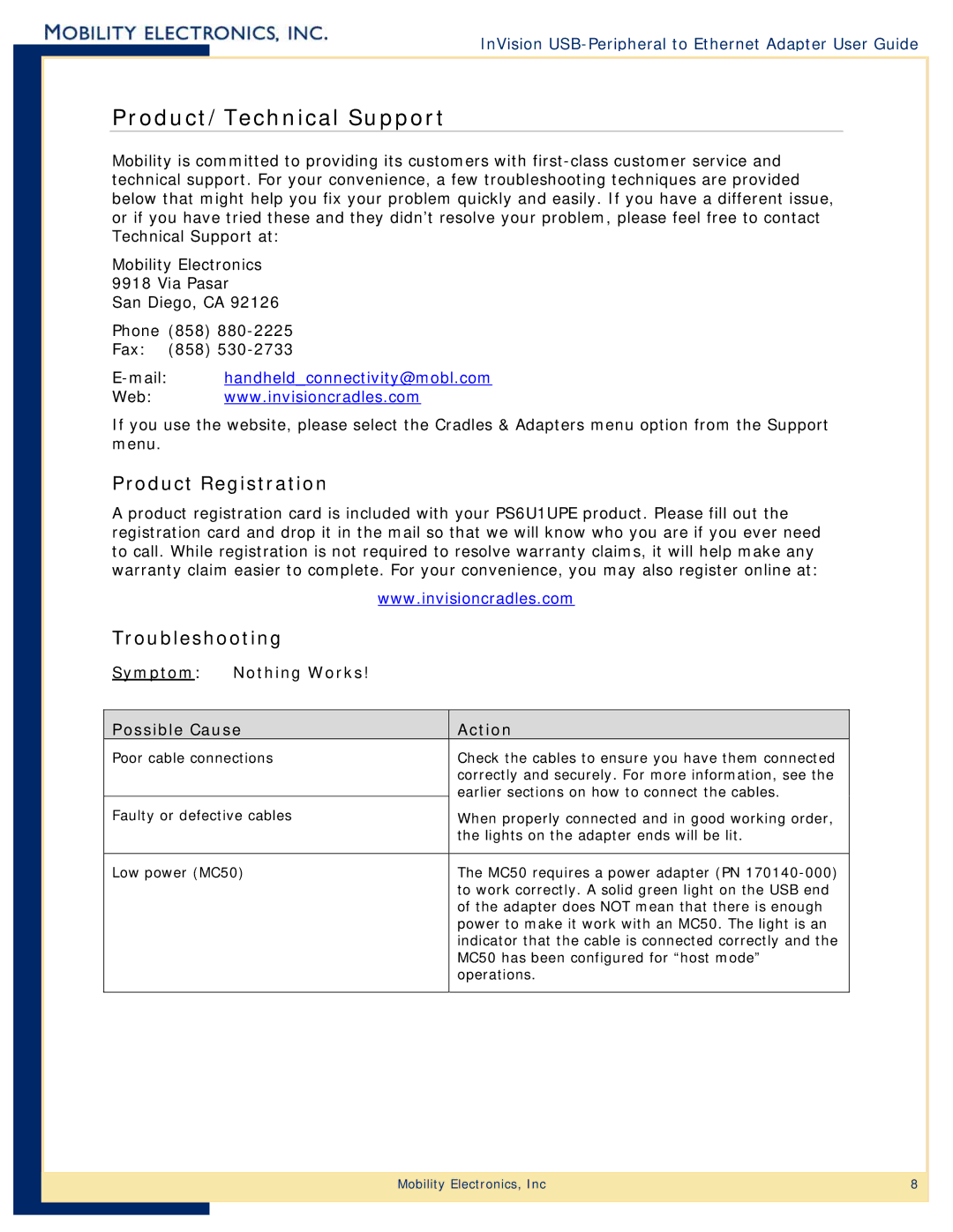 Mobility Electronics PS6U1UPE manual Product/Technical Support, Product Registration, Troubleshooting 