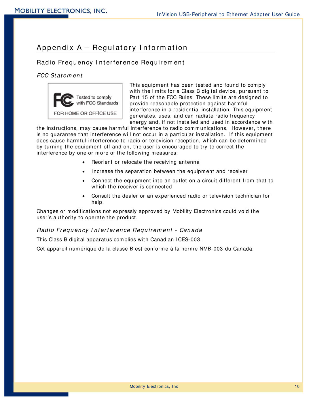 Mobility Electronics PS6U1UPE manual Appendix a Regulatory Information, Radio Frequency Interference Requirement 