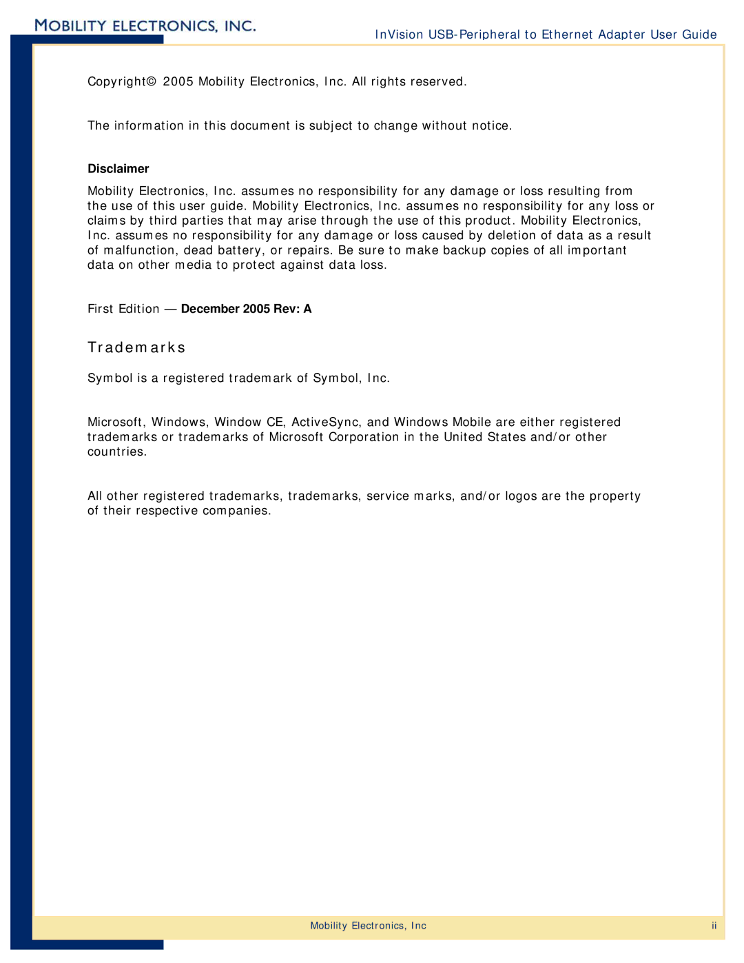 Mobility Electronics PS6U1UPE manual Trademarks, InVision USB-Peripheral to Ethernet Adapter User Guide 