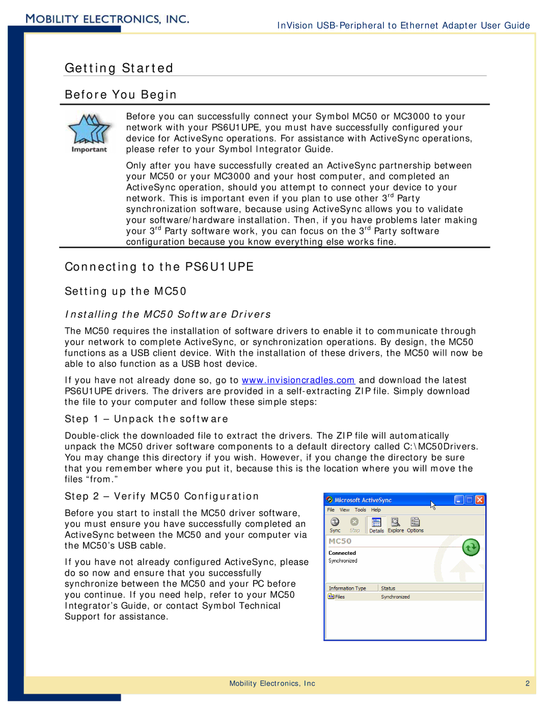 Mobility Electronics PS6U1UPE manual Getting Started, Setting up the MC50 