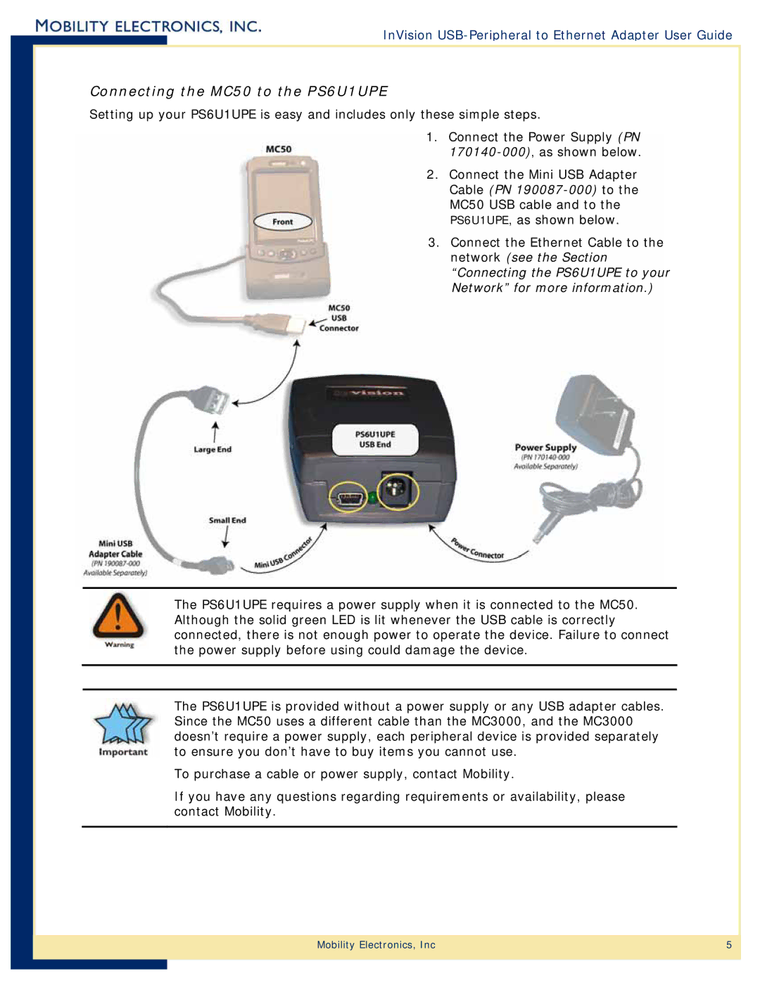 Mobility Electronics manual Connecting the MC50 to the PS6U1UPE 