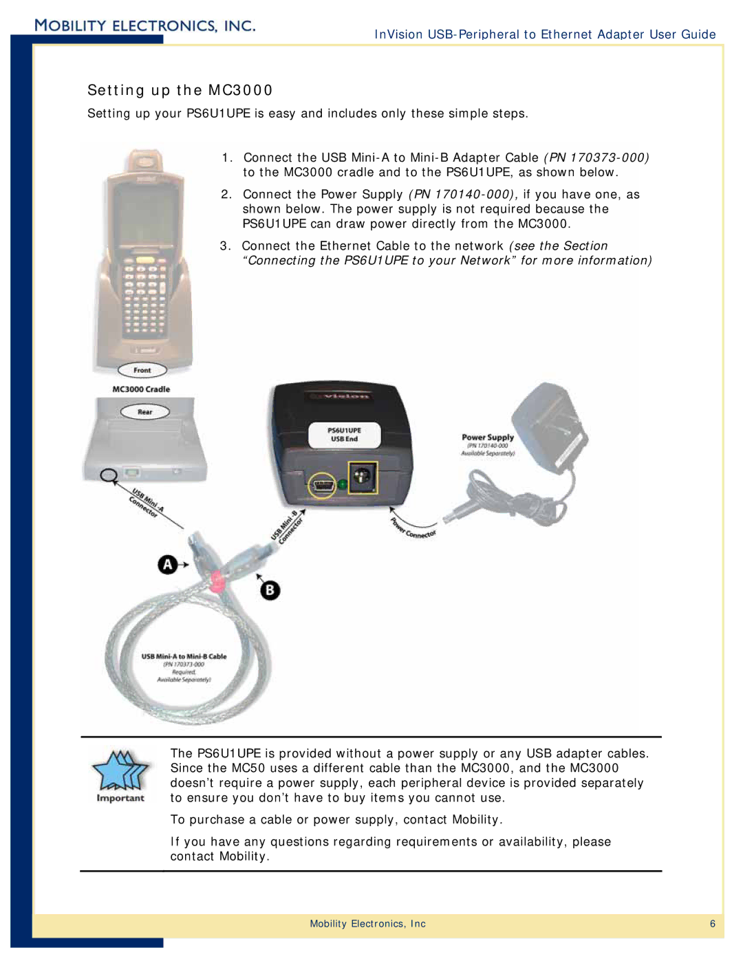 Mobility Electronics PS6U1UPE manual Setting up the MC3000 