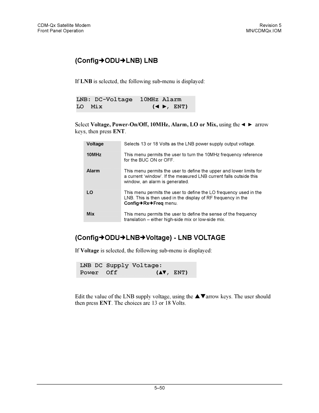 Mocomtech CDM-QX operation manual Config„ODU„LNB LNB, Config„ODU„LNB„Voltage LNB Voltage, Lnb Dc 