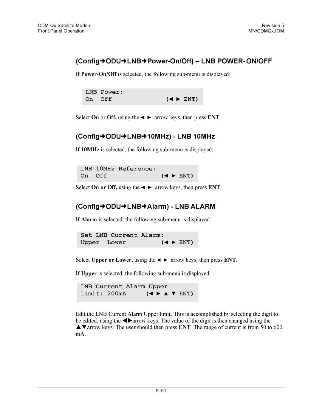 Mocomtech CDM-QX operation manual Config„ODU„LNB„Power-On/Off LNB POWER- ON/OFF, Config„ODU„LNB„10MHz LNB 10MHz 