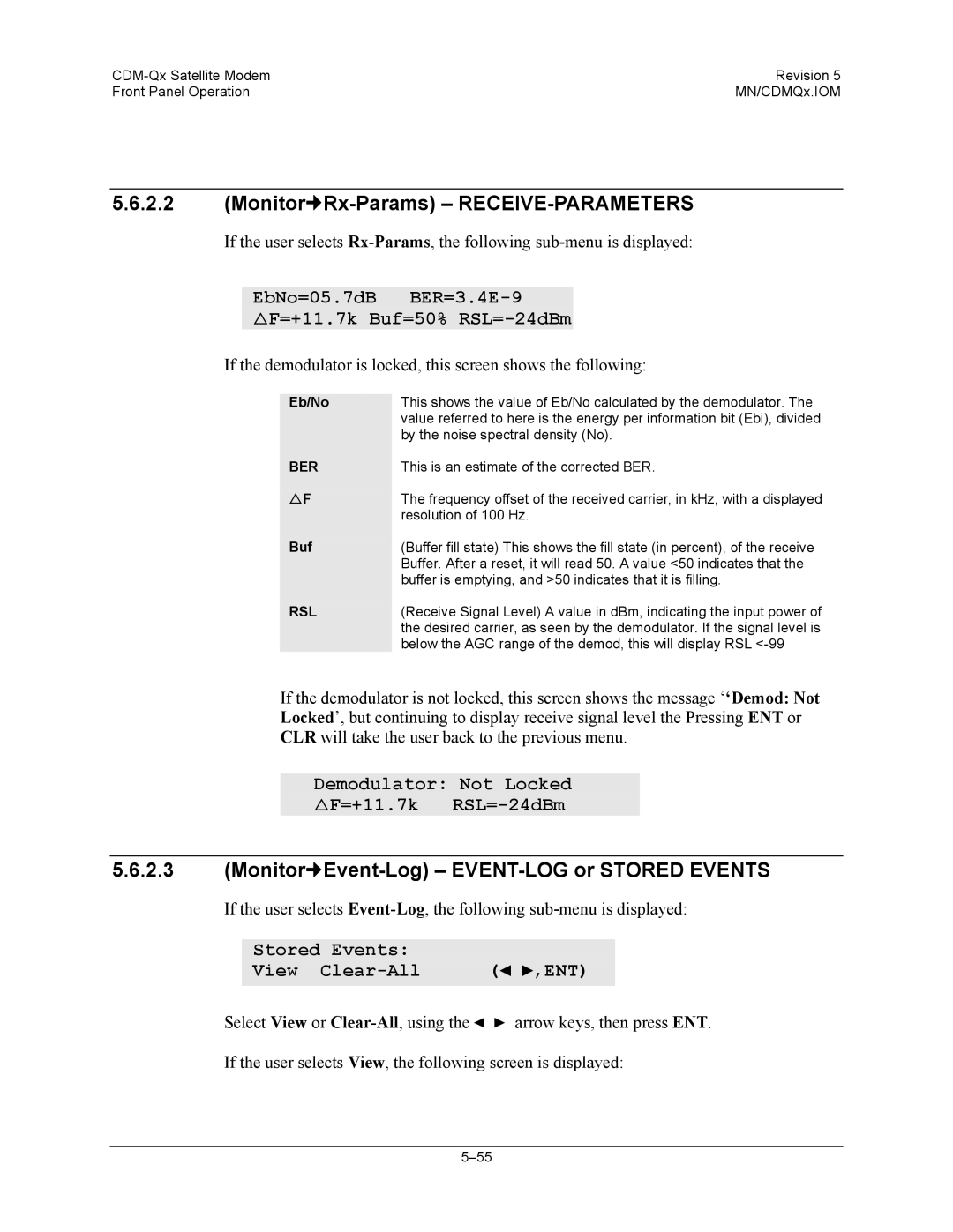 Mocomtech CDM-QX operation manual Monitor„Rx-Params RECEIVE-PARAMETERS, Monitor„Event-Log EVENT-LOG or Stored Events 