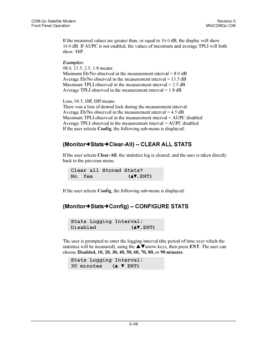 Mocomtech CDM-QX operation manual Monitor„Stats„Clear-All Clear ALL Stats, Monitor„Stats„Config Configure Stats 