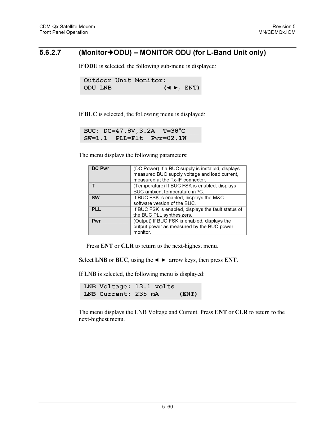 Mocomtech CDM-QX operation manual Monitor„ODU Monitor ODU for L-Band Unit only, Odu Lnb 