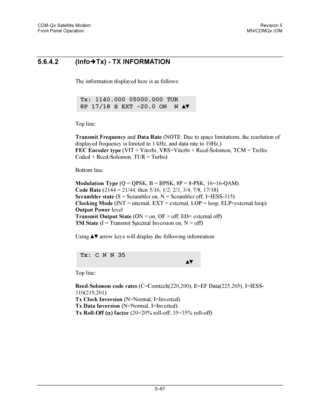 Mocomtech CDM-QX operation manual Info„Tx TX Information, Tx 1140.000 05000.000 TUR 8P 17/18 S EXT -20.0 on N, Tx C N N 