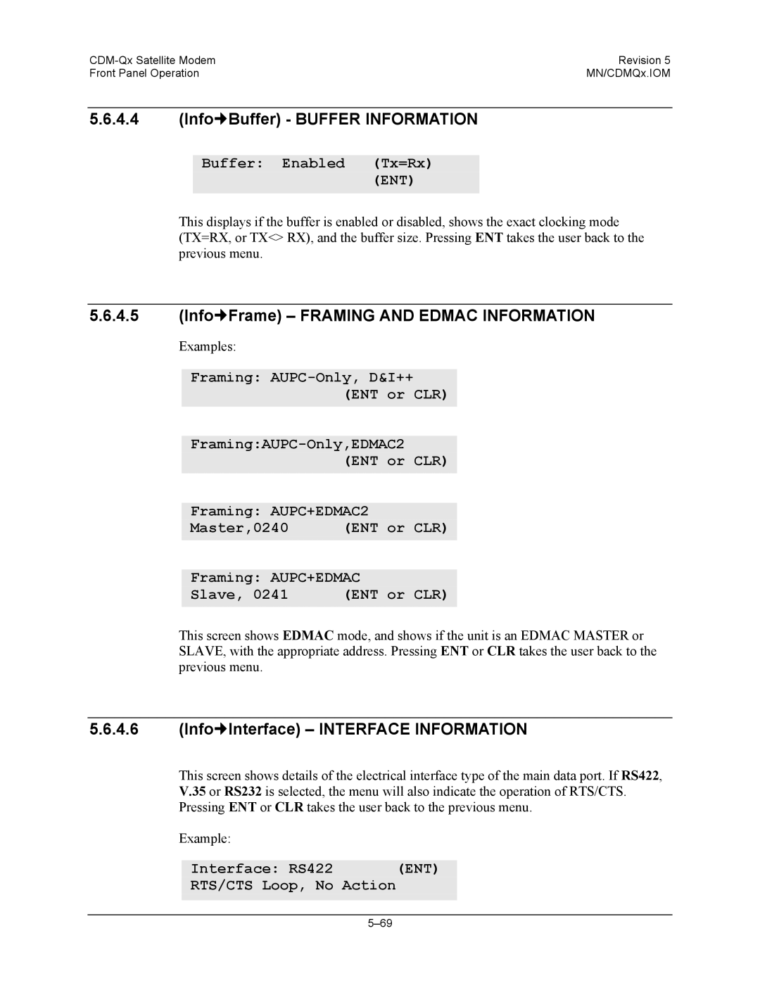 Mocomtech CDM-QX Info„Buffer Buffer Information, Info„Frame Framing and Edmac Information, Buffer Enabled Tx=Rx ENT 