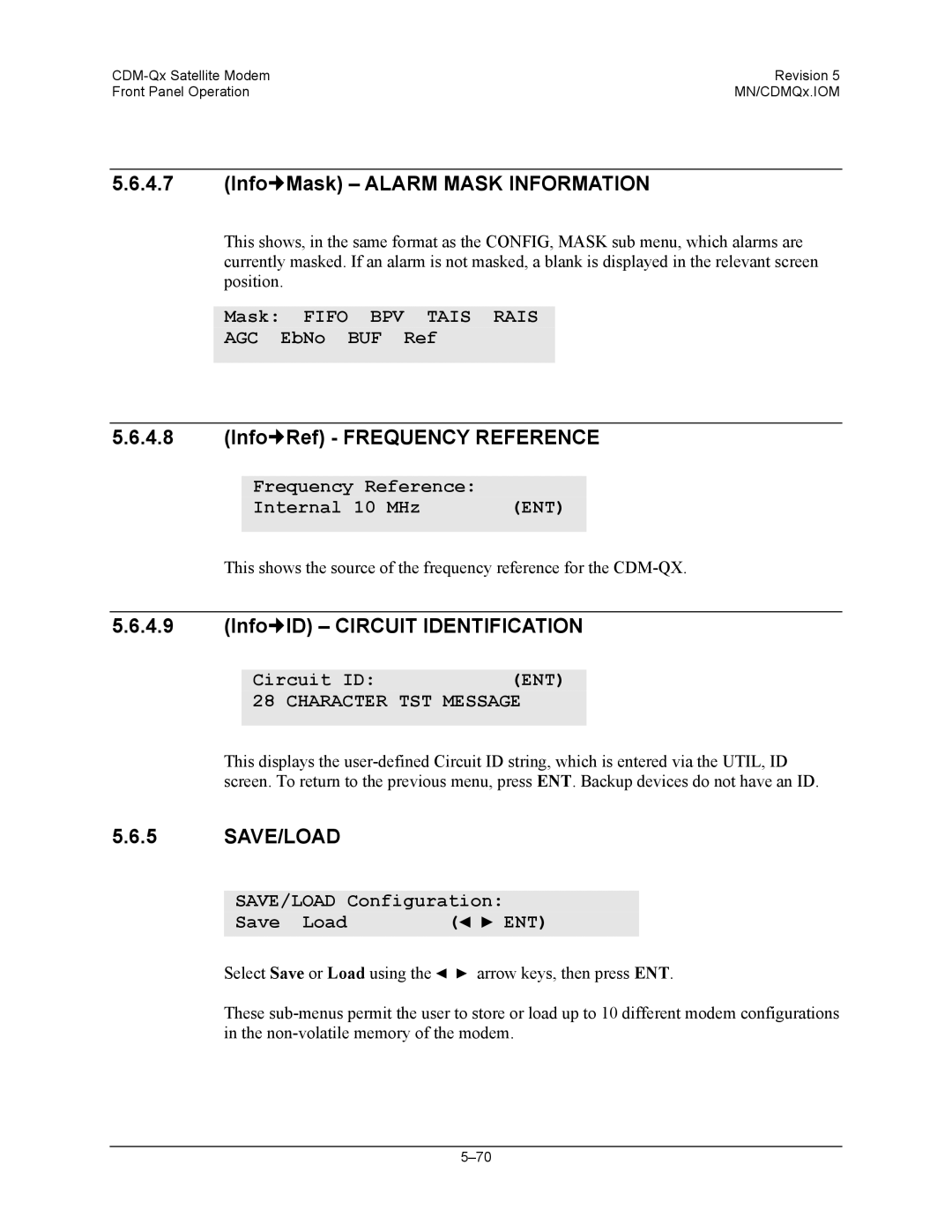 Mocomtech CDM-QX Info„Mask Alarm Mask Information, Info„Ref Frequency Reference, Info„ID Circuit Identification 