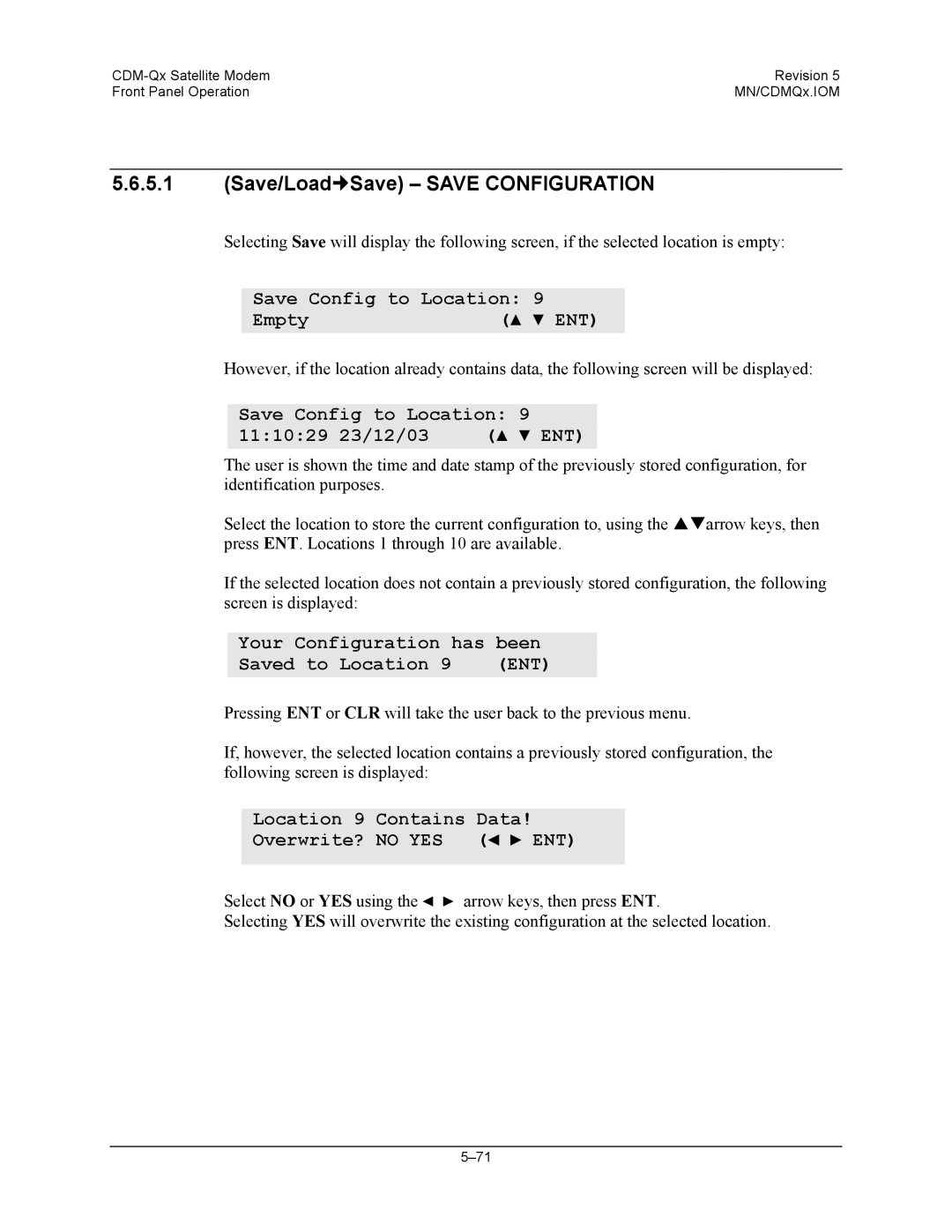 Mocomtech CDM-QX operation manual Save/Load„Save Save Configuration, No YES 