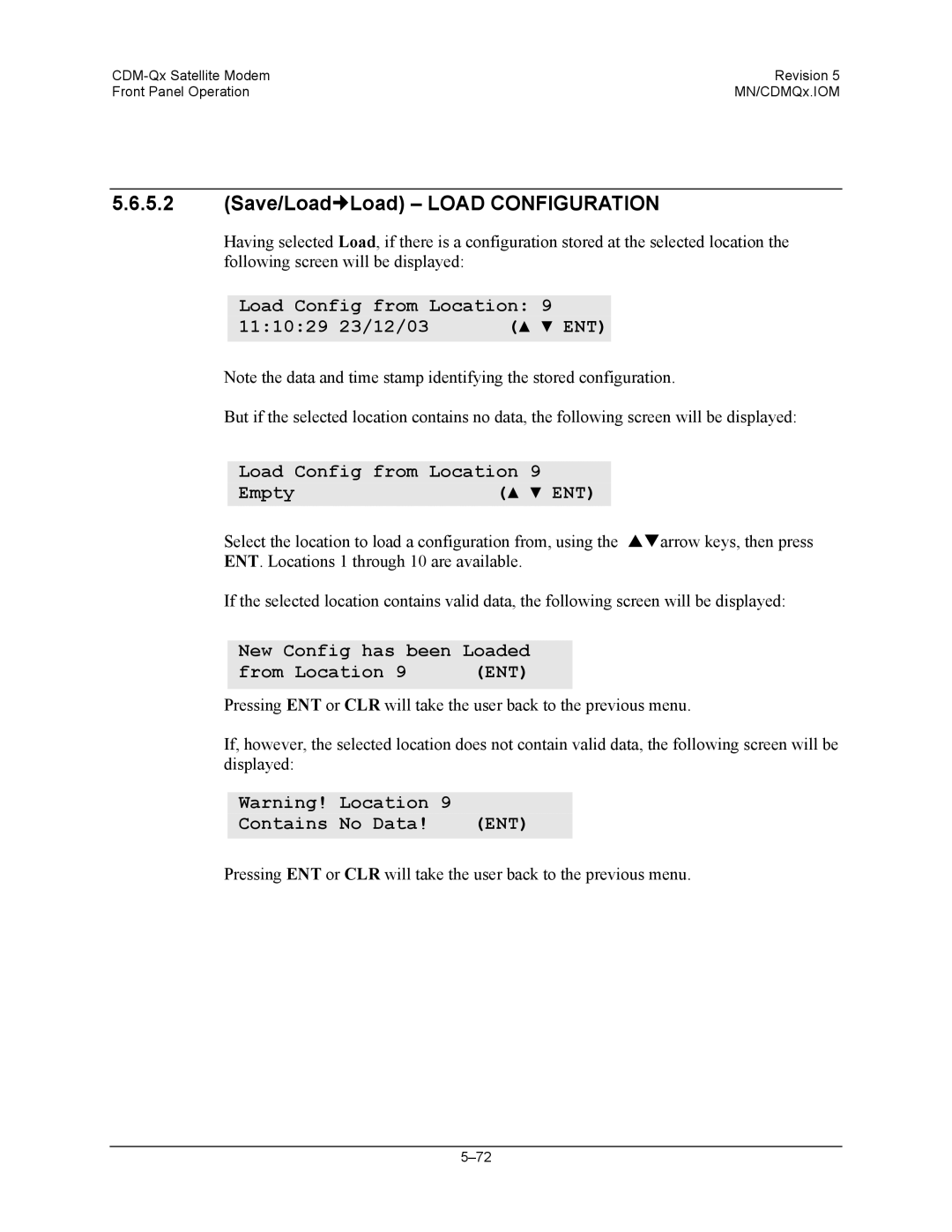 Mocomtech CDM-QX operation manual Save/Load„Load Load Configuration, Empty ENT, New Config has been Loaded From Location 