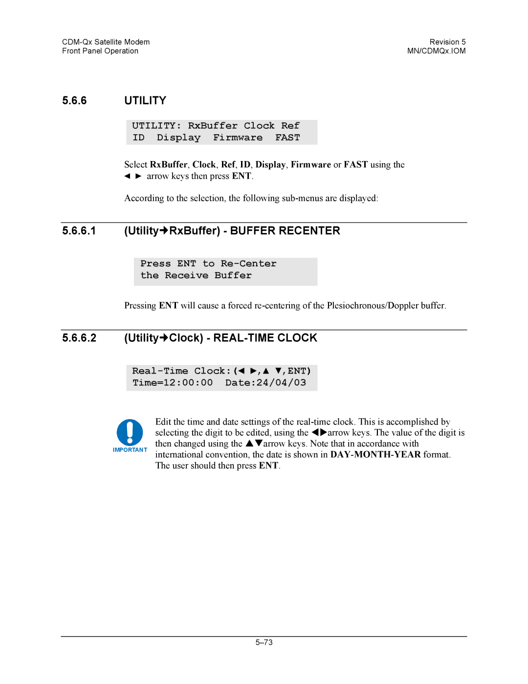 Mocomtech CDM-QX operation manual Utility„RxBuffer Buffer Recenter, Utility„Clock REAL-TIME Clock 