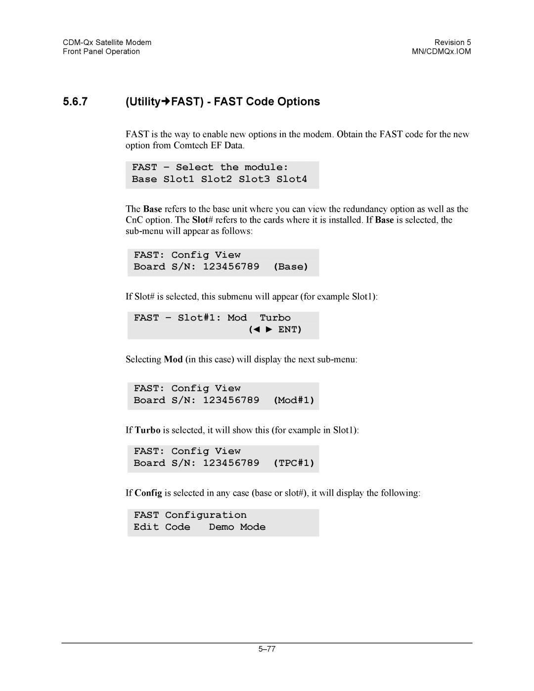 Mocomtech CDM-QX operation manual Utility„FAST Fast Code Options 