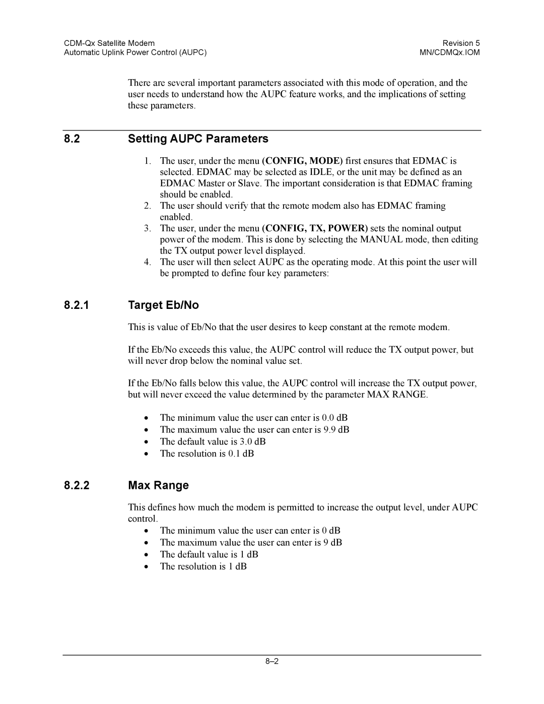 Mocomtech CDM-QX operation manual Setting Aupc Parameters, Target Eb/No, Max Range 