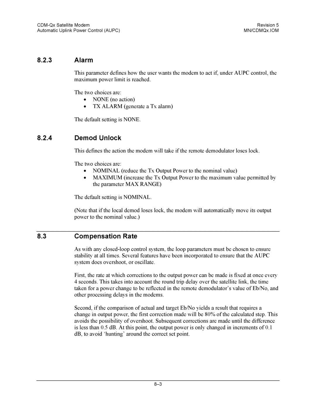 Mocomtech CDM-QX operation manual Alarm, Demod Unlock, Compensation Rate 
