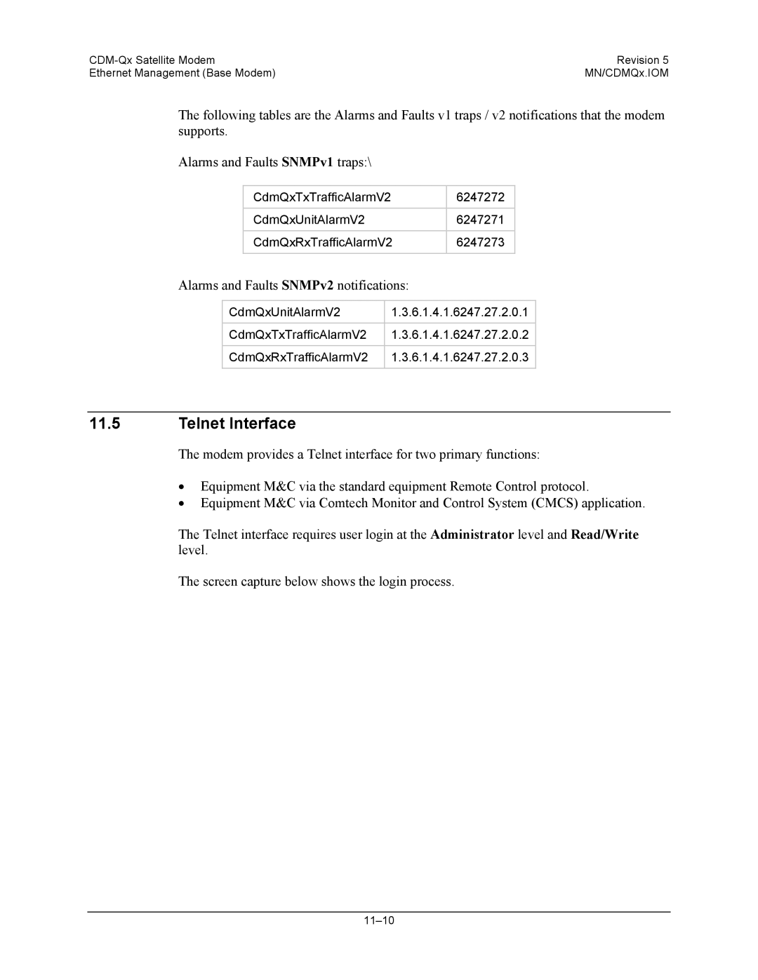 Mocomtech CDM-QX operation manual Telnet Interface, Alarms and Faults SNMPv2 notifications 