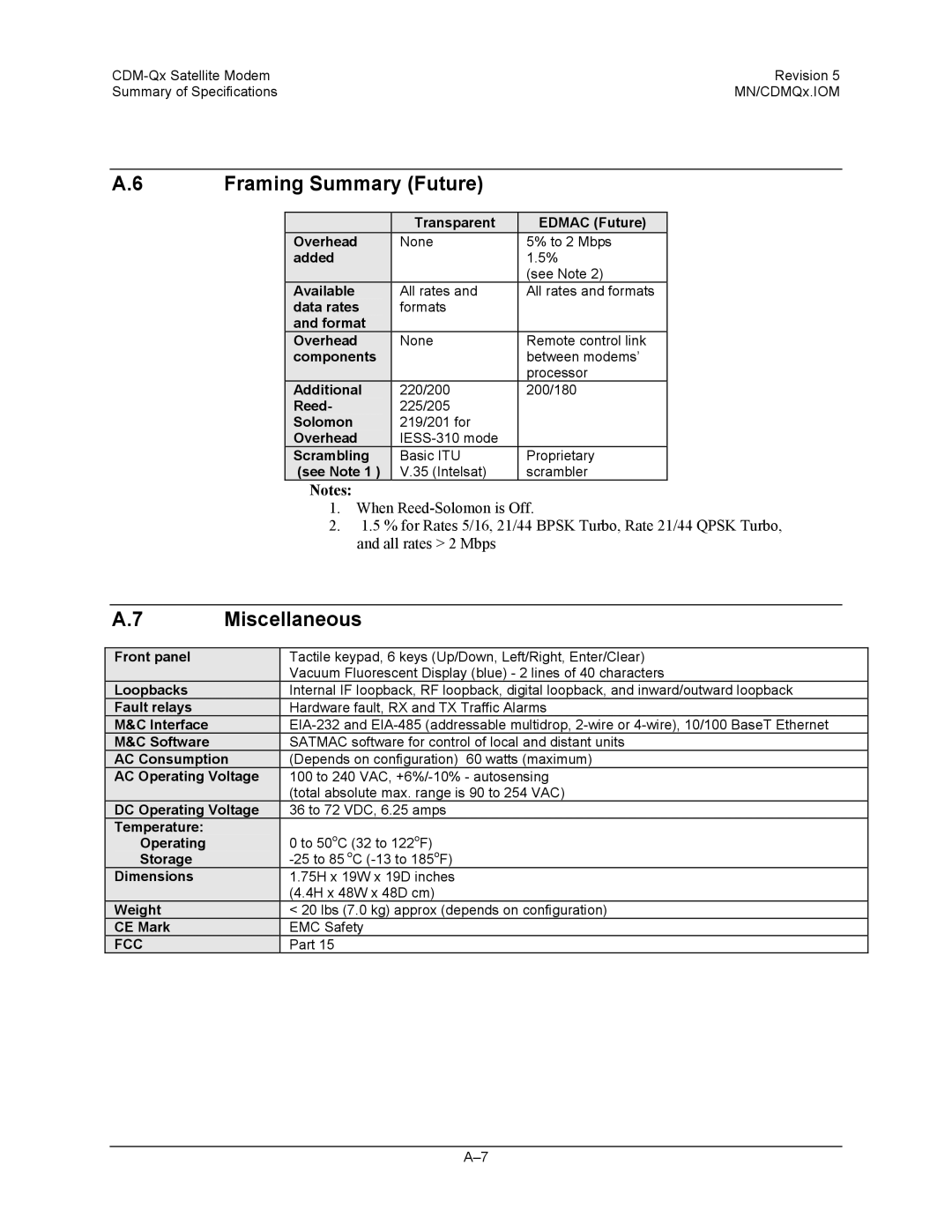 Mocomtech CDM-QX operation manual Framing Summary Future, Miscellaneous, Fcc 