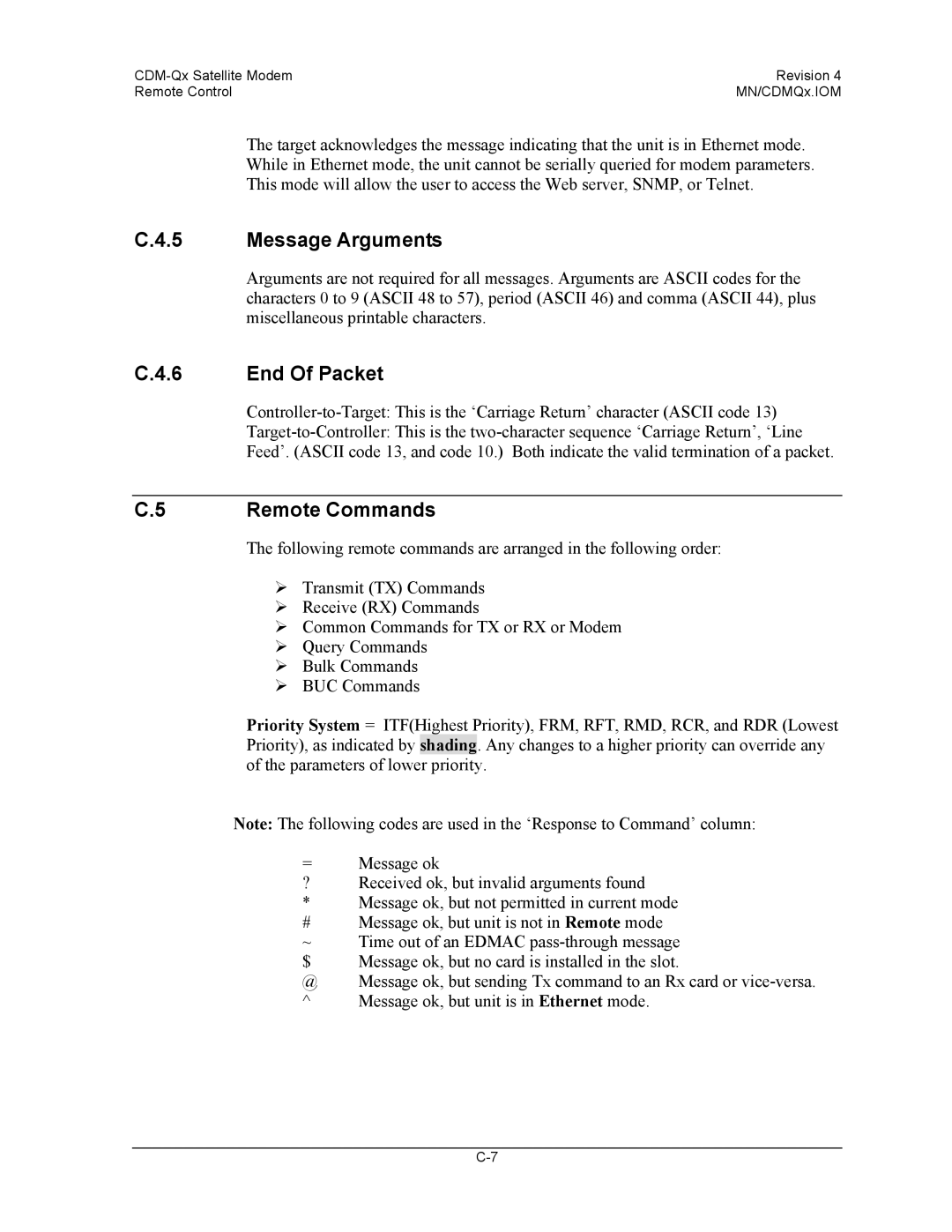 Mocomtech CDM-QX operation manual Message Arguments, End Of Packet, Remote Commands 