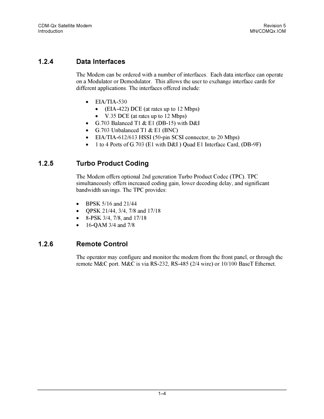 Mocomtech CDM-QX operation manual Data Interfaces, Turbo Product Coding, Remote Control 