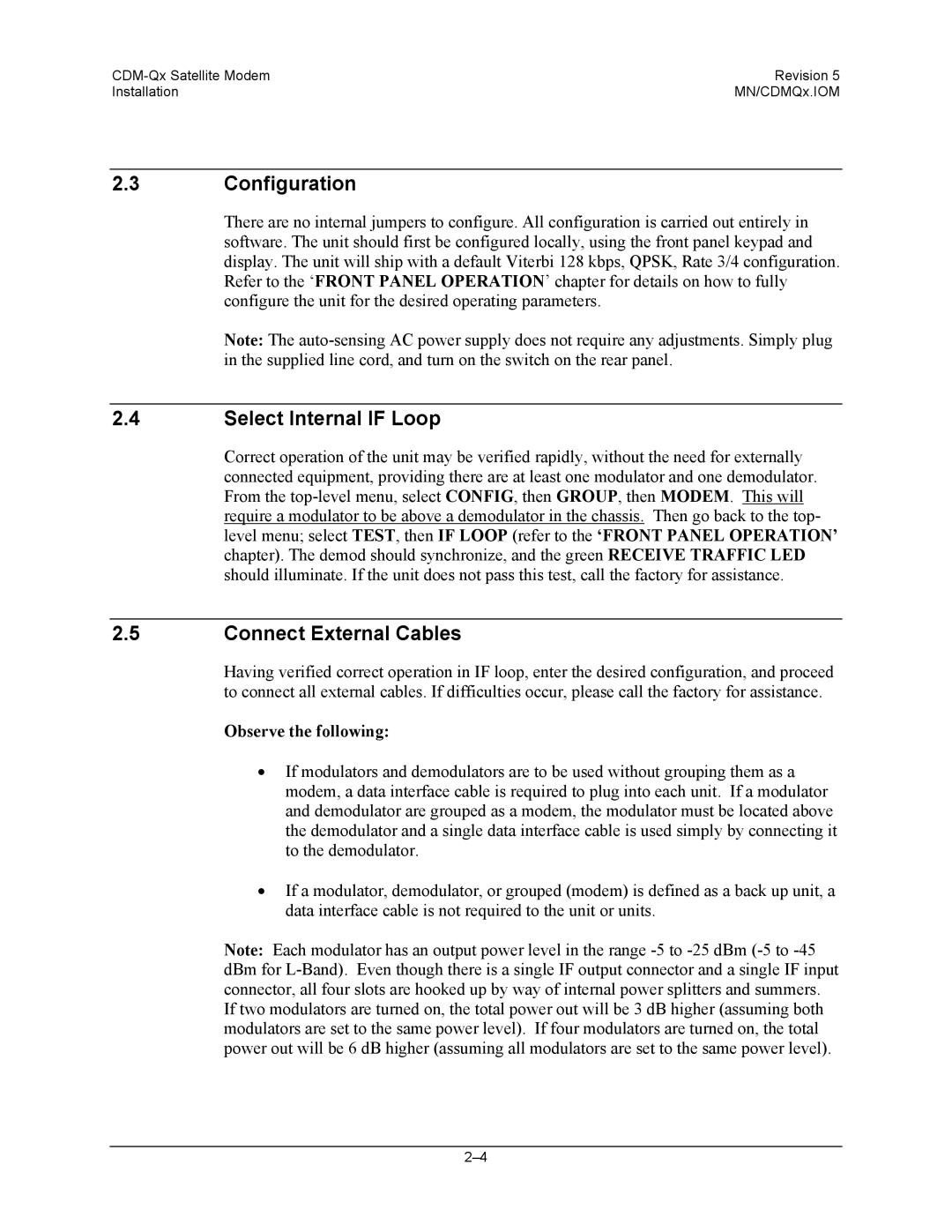 Mocomtech CDM-QX operation manual Configuration, Select Internal if Loop, Connect External Cables, Observe the following 