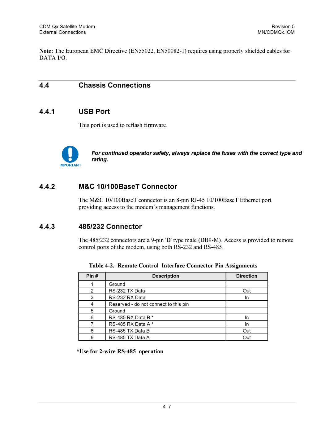 Mocomtech CDM-QX operation manual Chassis Connections USB Port, 2 M&C 10/100BaseT Connector, 3 485/232 Connector 