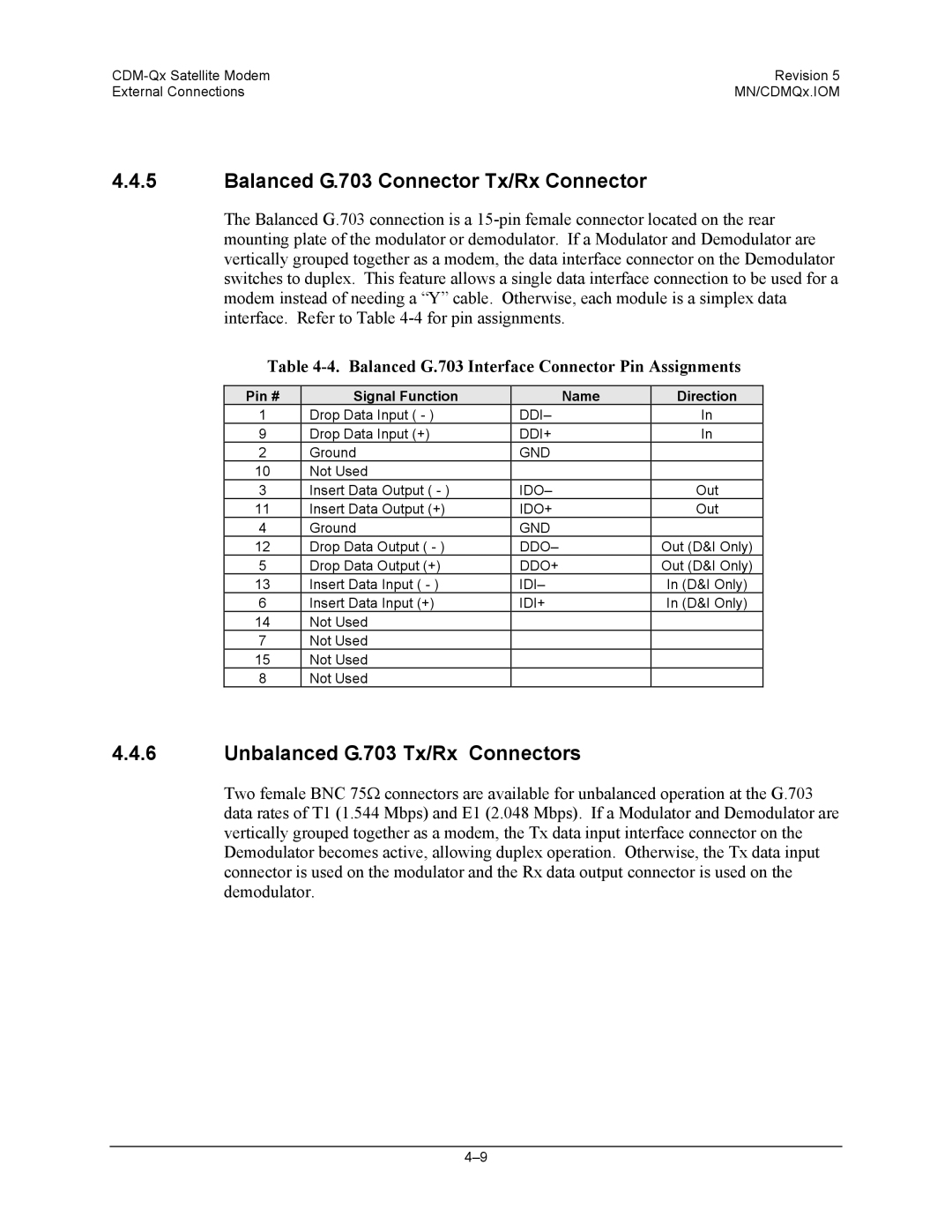 Mocomtech CDM-QX operation manual Balanced G.703 Connector Tx/Rx Connector, Unbalanced G.703 Tx/Rx Connectors 