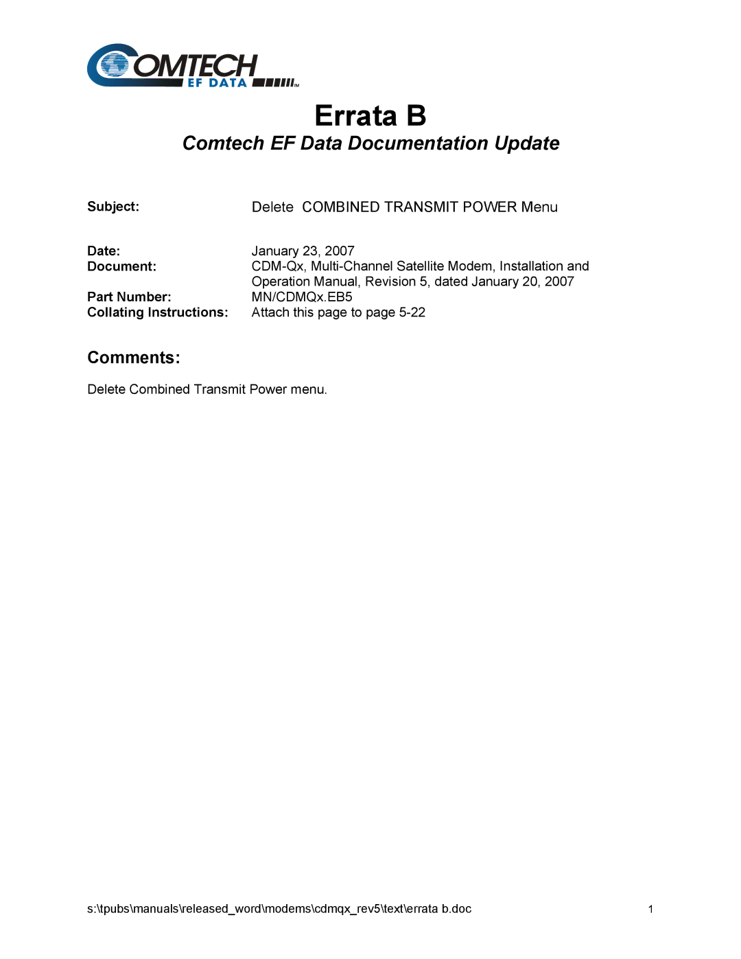 Mocomtech CDM-QX operation manual Errata B 