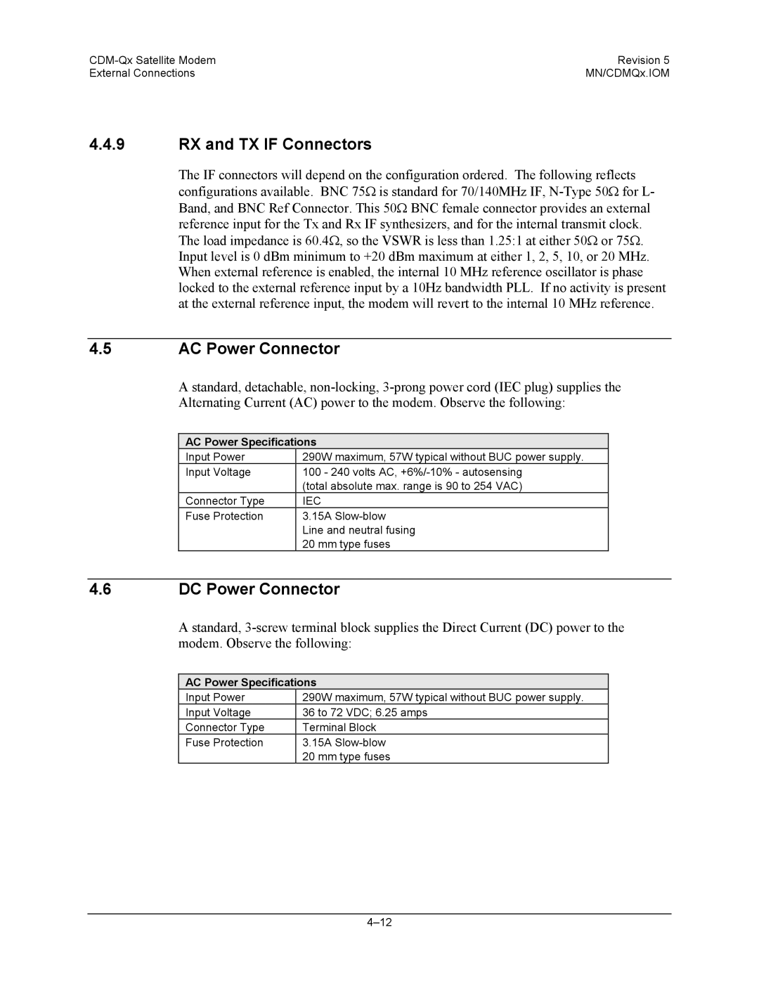 Mocomtech CDM-QX operation manual RX and TX if Connectors, AC Power Connector, DC Power Connector, AC Power Specifications 