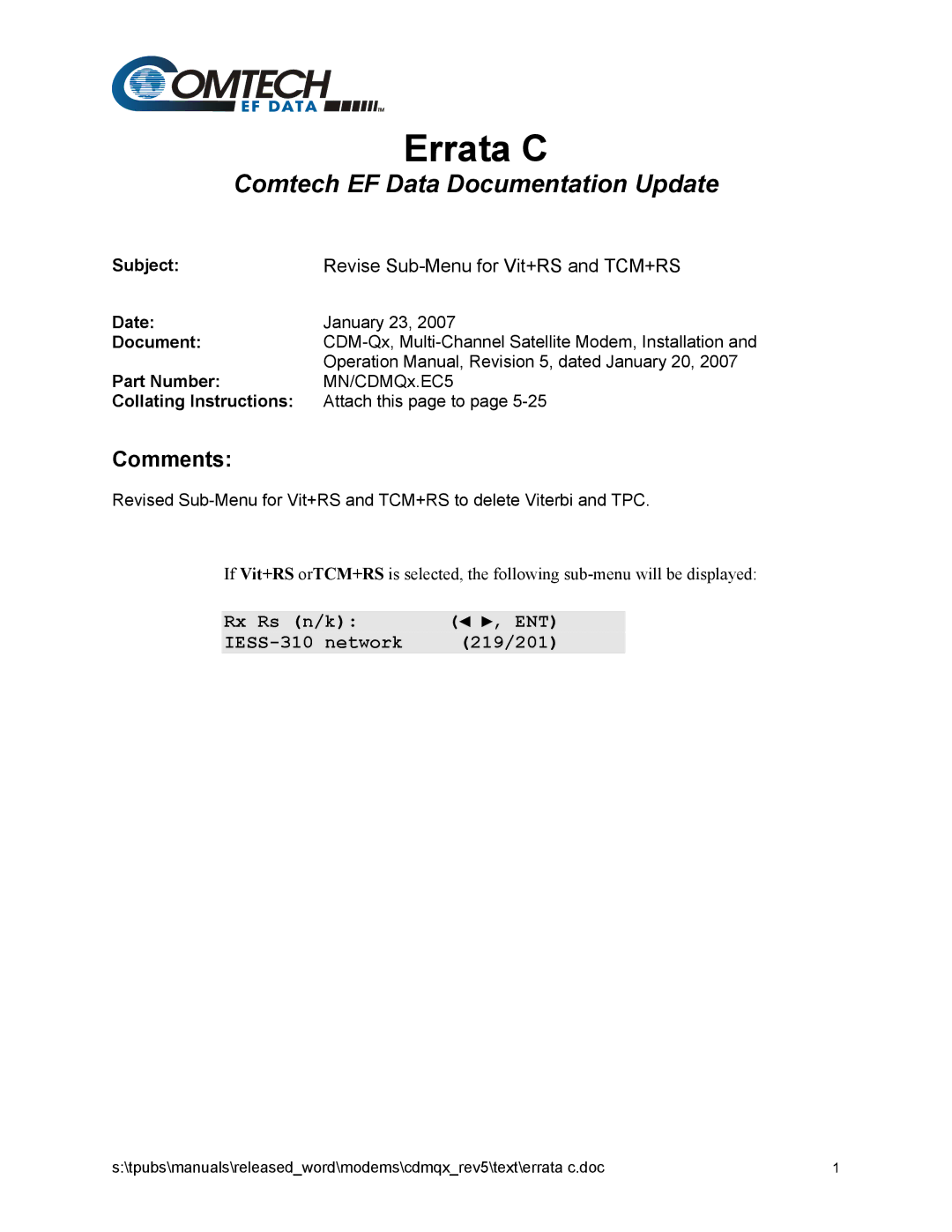 Mocomtech CDM-QX operation manual Errata C, Rx Rs n/k ENT IESS-310 network 219/201 