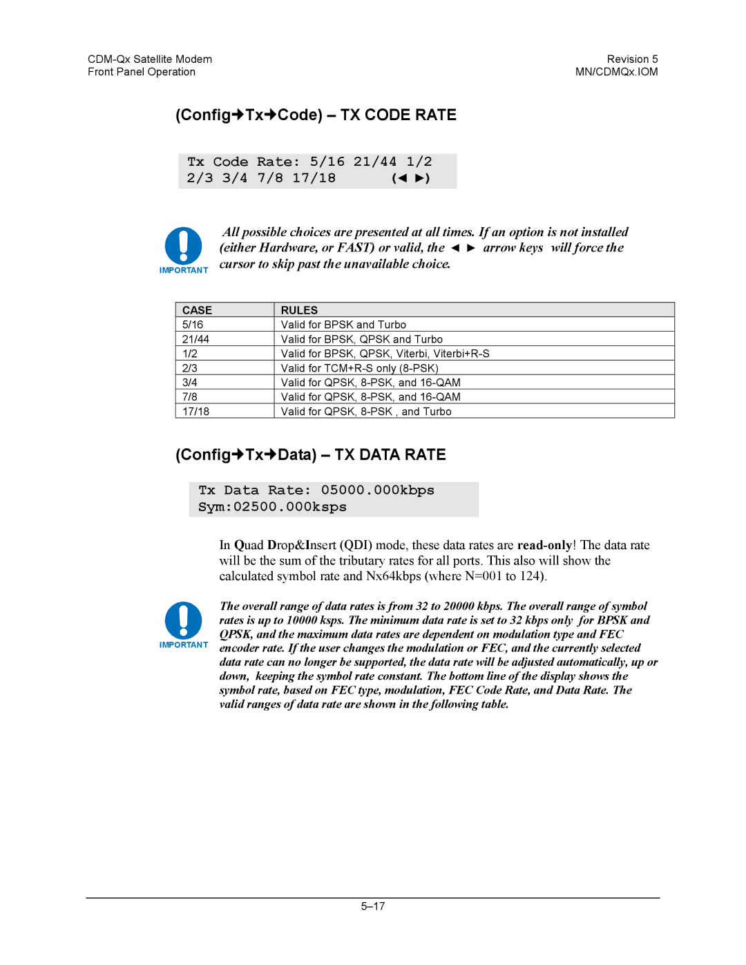 Mocomtech CDM-QX Config„Tx„Code TX Code Rate, Config„Tx„Data TX Data Rate, Tx Code Rate 5/16 21/44 1/2 3/4 17/18, Case 