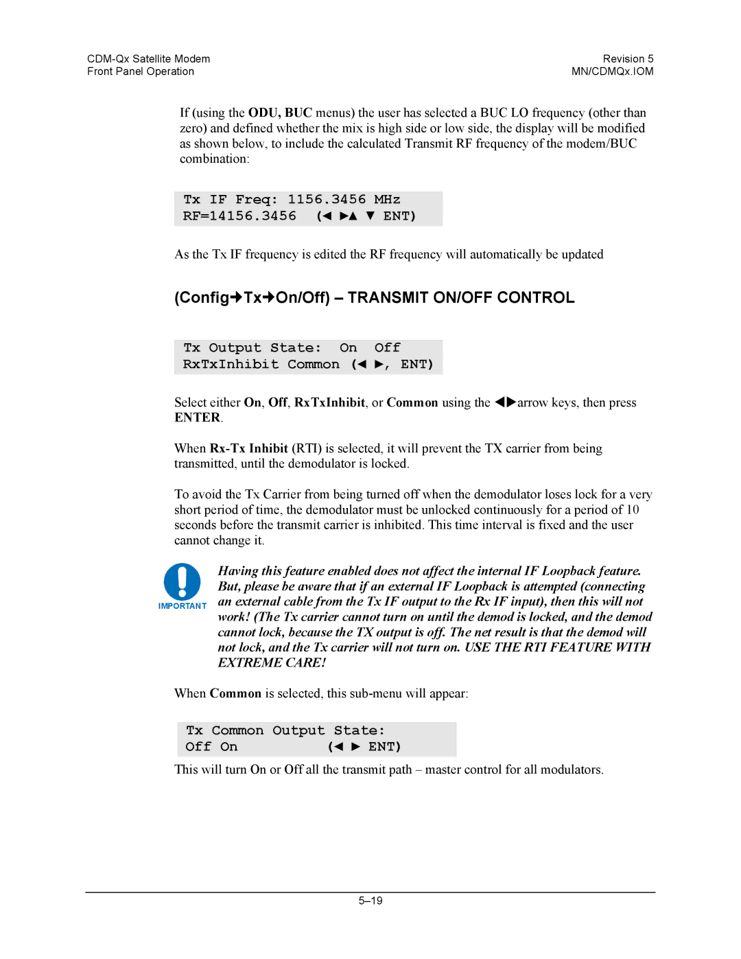 Mocomtech CDM-QX operation manual Config„Tx„On/Off Transmit ON/OFF Control, Tx if Freq 1156.3456 MHz RF=14156.3456 ENT 